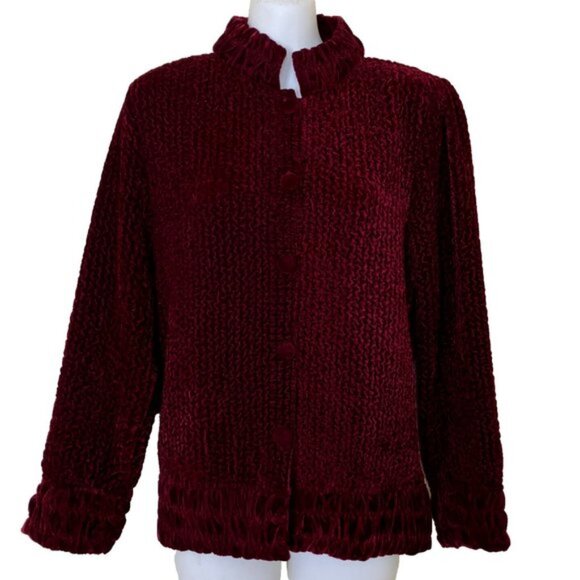 Burgundy Crushed Velvet Cardigan Jacket Ruched Texture Vintage Jeune Jeunesse - Picture 6 of 8
